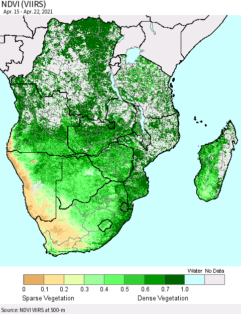 Southern Africa NDVI (VIIRS) Thematic Map For 4/15/2021 - 4/22/2021