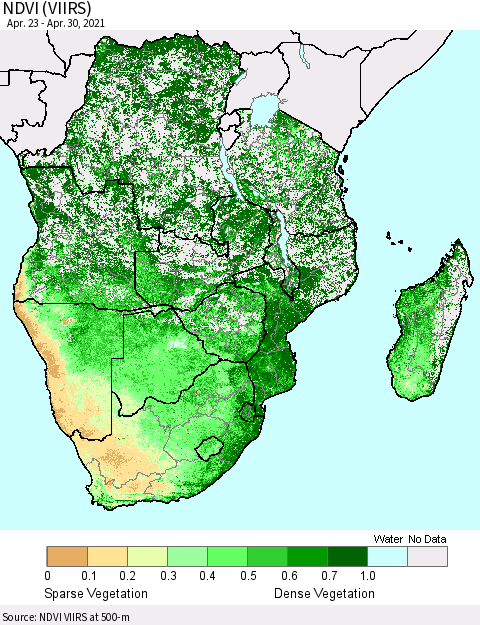 Southern Africa NDVI (VIIRS) Thematic Map For 4/23/2021 - 4/30/2021