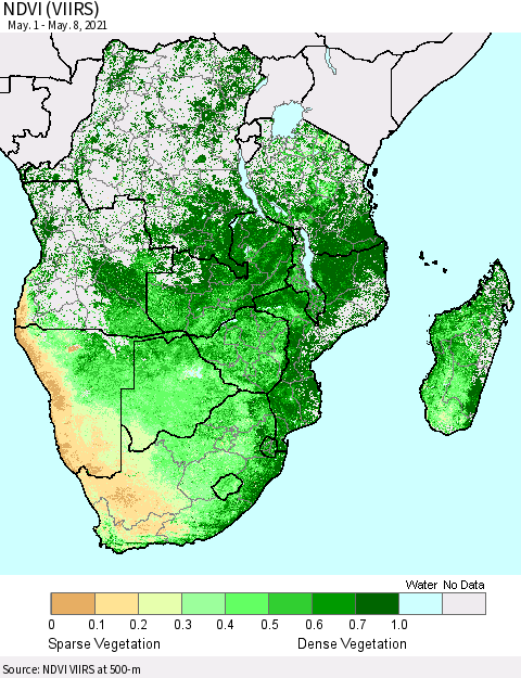 Southern Africa NDVI (VIIRS) Thematic Map For 5/1/2021 - 5/8/2021