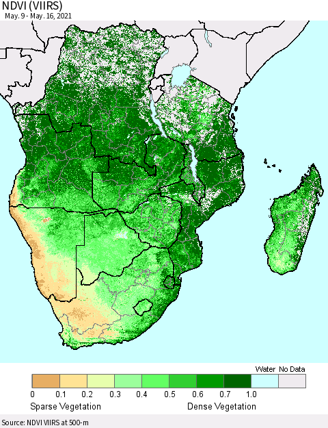 Southern Africa NDVI (VIIRS) Thematic Map For 5/9/2021 - 5/16/2021