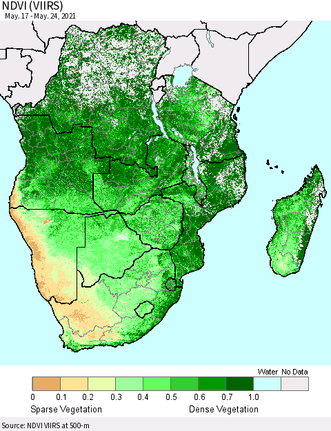 Southern Africa NDVI (VIIRS) Thematic Map For 5/17/2021 - 5/24/2021