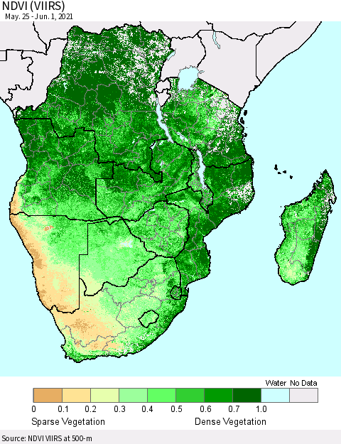 Southern Africa NDVI (VIIRS) Thematic Map For 5/25/2021 - 6/1/2021