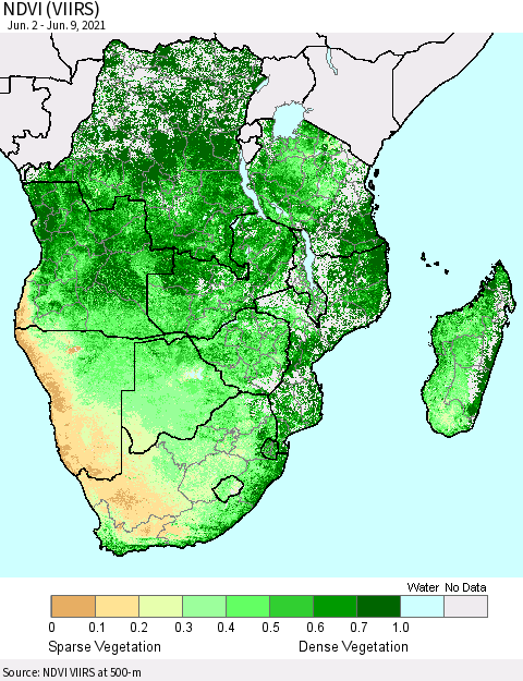 Southern Africa NDVI (VIIRS) Thematic Map For 6/2/2021 - 6/9/2021