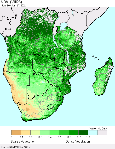 Southern Africa NDVI (VIIRS) Thematic Map For 6/10/2021 - 6/17/2021