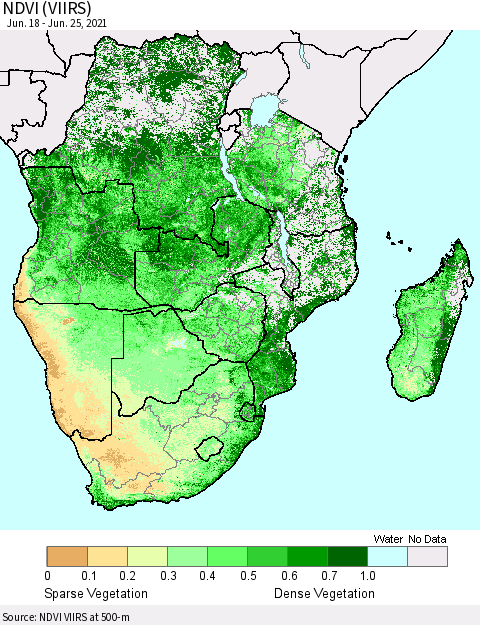 Southern Africa NDVI (VIIRS) Thematic Map For 6/18/2021 - 6/25/2021