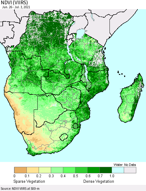 Southern Africa NDVI (VIIRS) Thematic Map For 6/26/2021 - 7/3/2021