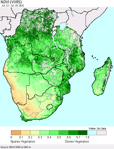 Southern Africa NDVI (VIIRS) Thematic Map For 7/12/2021 - 7/19/2021
