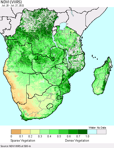 Southern Africa NDVI (VIIRS) Thematic Map For 7/20/2021 - 7/27/2021