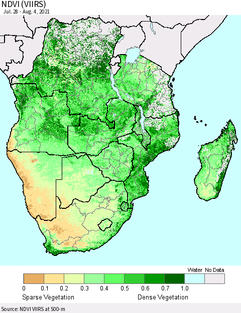 Southern Africa NDVI (VIIRS) Thematic Map For 7/28/2021 - 8/4/2021