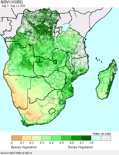 Southern Africa NDVI (VIIRS) Thematic Map For 8/5/2021 - 8/12/2021