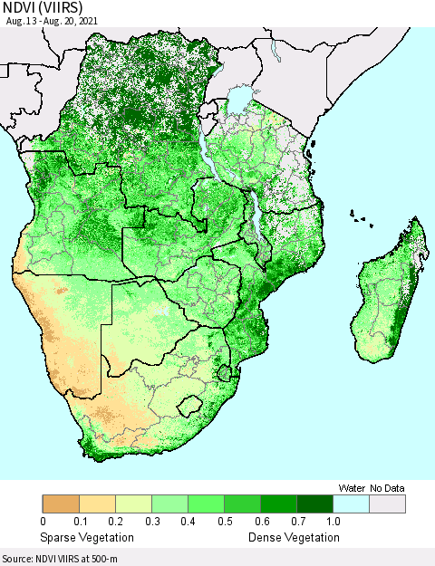 Southern Africa NDVI (VIIRS) Thematic Map For 8/13/2021 - 8/20/2021
