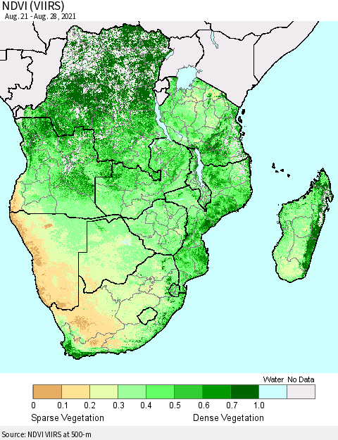 Southern Africa NDVI (VIIRS) Thematic Map For 8/21/2021 - 8/28/2021