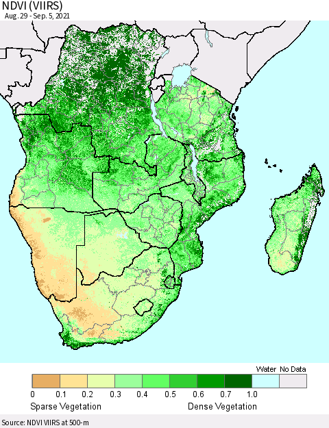 Southern Africa NDVI (VIIRS) Thematic Map For 8/29/2021 - 9/5/2021