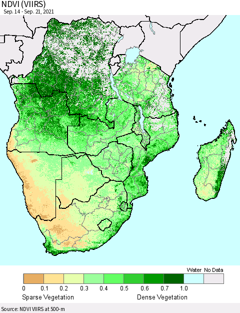Southern Africa NDVI (VIIRS) Thematic Map For 9/14/2021 - 9/21/2021