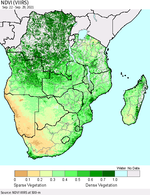 Southern Africa NDVI (VIIRS) Thematic Map For 9/22/2021 - 9/29/2021
