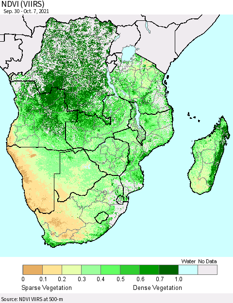Southern Africa NDVI (VIIRS) Thematic Map For 9/30/2021 - 10/7/2021