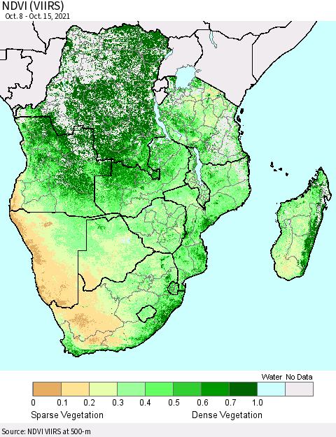 Southern Africa NDVI (VIIRS) Thematic Map For 10/8/2021 - 10/15/2021
