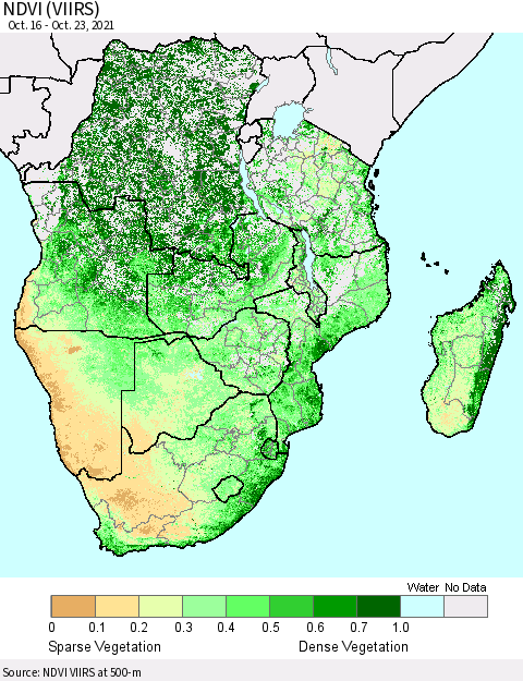 Southern Africa NDVI (VIIRS) Thematic Map For 10/16/2021 - 10/23/2021
