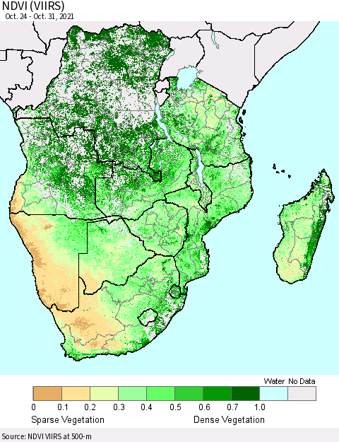Southern Africa NDVI (VIIRS) Thematic Map For 10/24/2021 - 10/31/2021