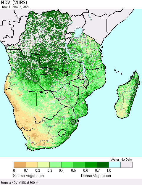 Southern Africa NDVI (VIIRS) Thematic Map For 11/1/2021 - 11/8/2021