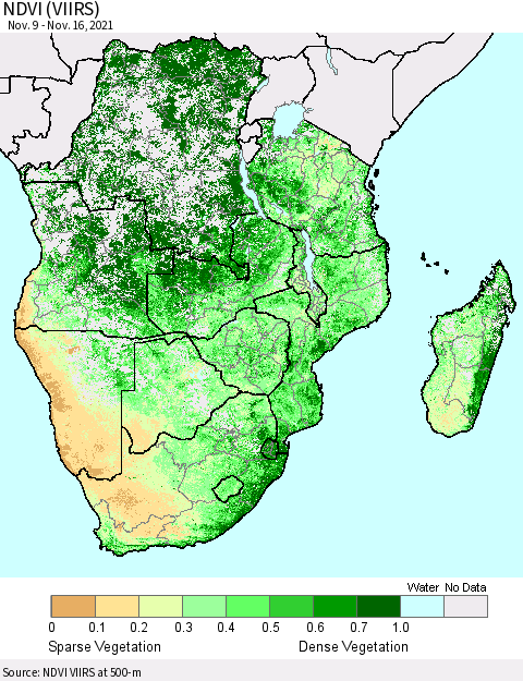 Southern Africa NDVI (VIIRS) Thematic Map For 11/9/2021 - 11/16/2021
