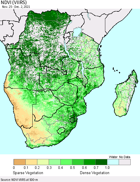 Southern Africa NDVI (VIIRS) Thematic Map For 11/25/2021 - 12/2/2021