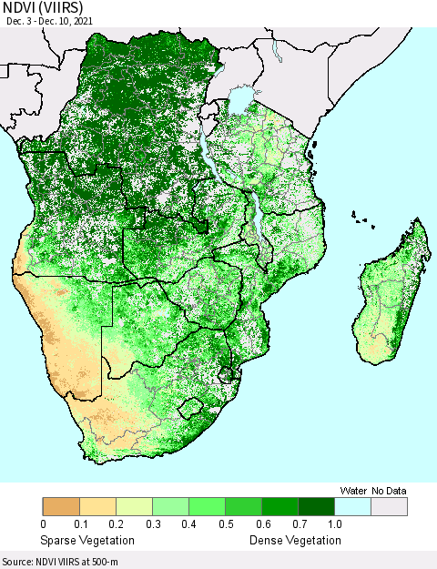 Southern Africa NDVI (VIIRS) Thematic Map For 12/3/2021 - 12/10/2021