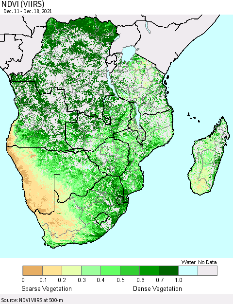 Southern Africa NDVI (VIIRS) Thematic Map For 12/11/2021 - 12/18/2021