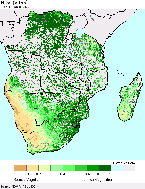 Southern Africa NDVI (VIIRS) Thematic Map For 1/1/2022 - 1/8/2022