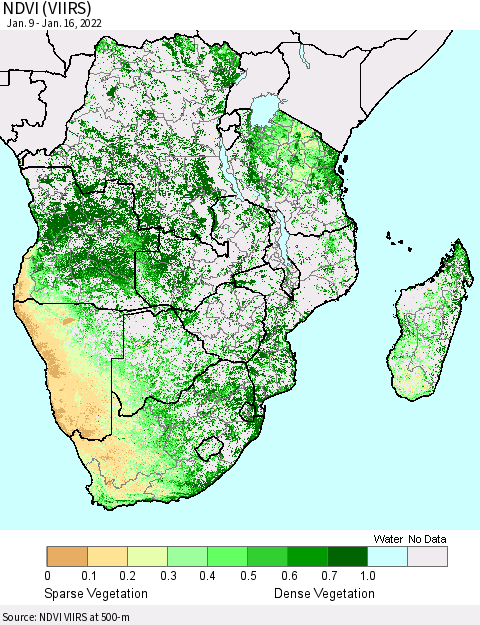 Southern Africa NDVI (VIIRS) Thematic Map For 1/9/2022 - 1/16/2022