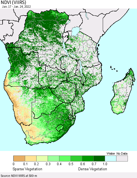 Southern Africa NDVI (VIIRS) Thematic Map For 1/17/2022 - 1/24/2022