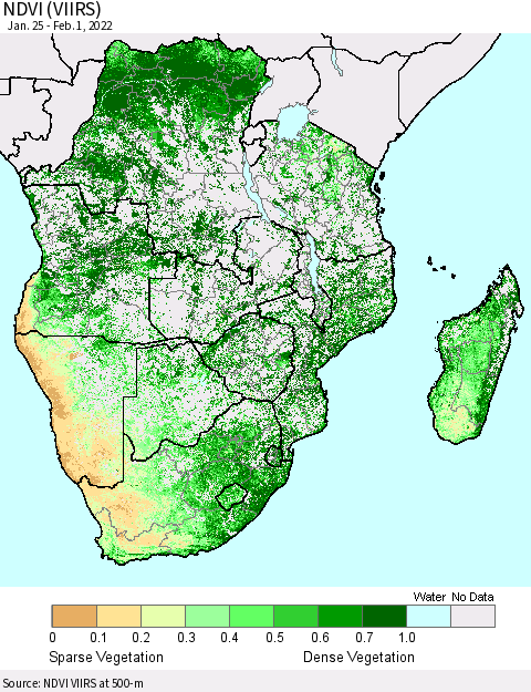 Southern Africa NDVI (VIIRS) Thematic Map For 1/25/2022 - 2/1/2022