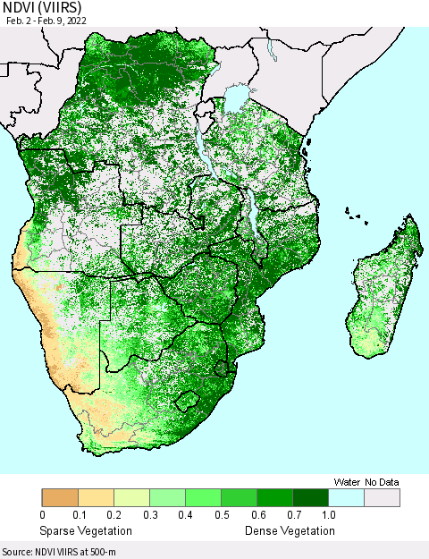 Southern Africa NDVI (VIIRS) Thematic Map For 2/2/2022 - 2/9/2022