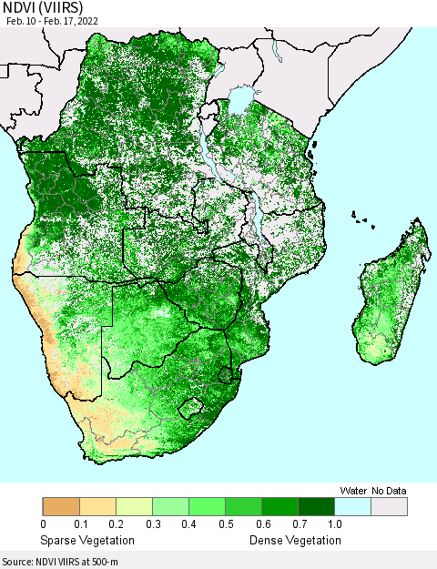 Southern Africa NDVI (VIIRS) Thematic Map For 2/10/2022 - 2/17/2022