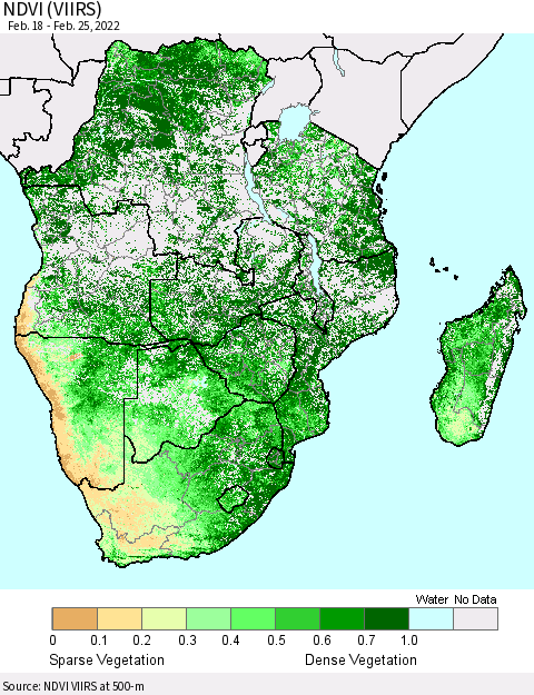Southern Africa NDVI (VIIRS) Thematic Map For 2/18/2022 - 2/25/2022