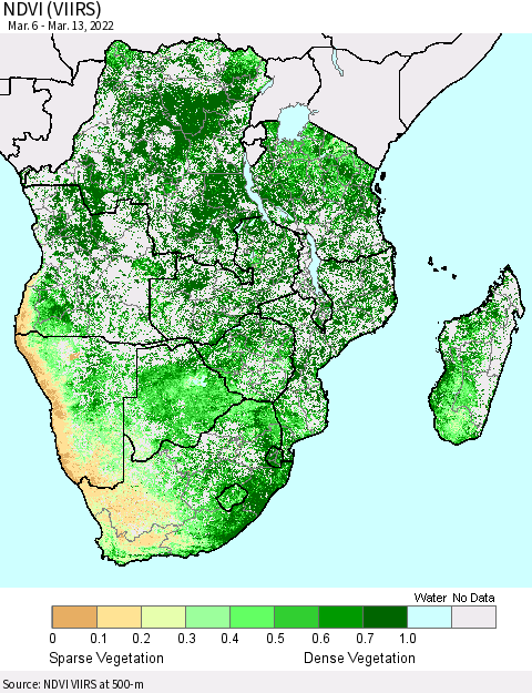 Southern Africa NDVI (VIIRS) Thematic Map For 3/6/2022 - 3/13/2022