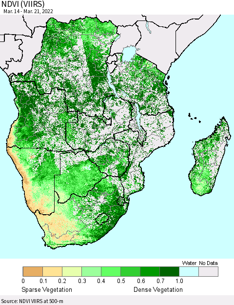 Southern Africa NDVI (VIIRS) Thematic Map For 3/14/2022 - 3/21/2022