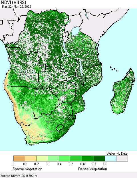 Southern Africa NDVI (VIIRS) Thematic Map For 3/22/2022 - 3/29/2022