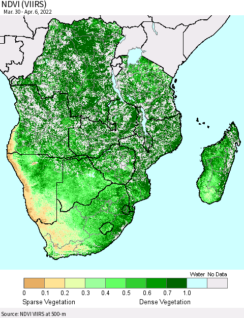Southern Africa NDVI (VIIRS) Thematic Map For 3/30/2022 - 4/6/2022