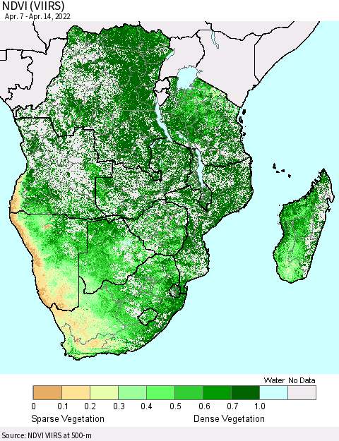 Southern Africa NDVI (VIIRS) Thematic Map For 4/7/2022 - 4/14/2022