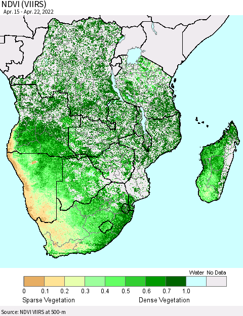 Southern Africa NDVI (VIIRS) Thematic Map For 4/15/2022 - 4/22/2022