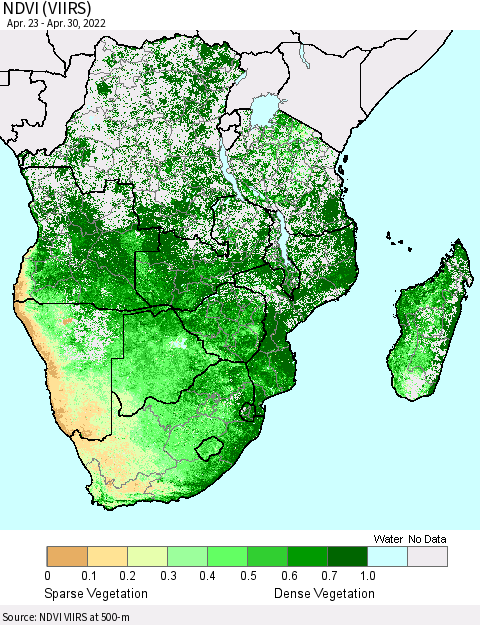 Southern Africa NDVI (VIIRS) Thematic Map For 4/23/2022 - 4/30/2022