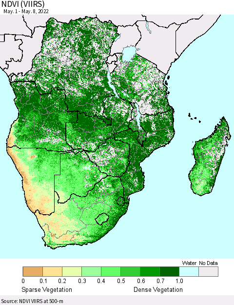 Southern Africa NDVI (VIIRS) Thematic Map For 5/1/2022 - 5/8/2022