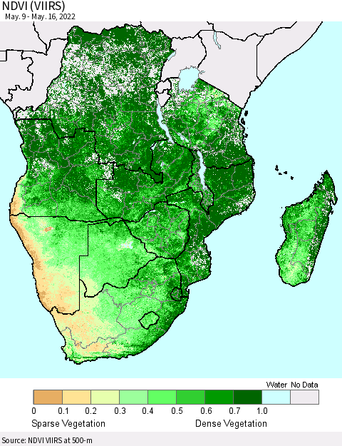 Southern Africa NDVI (VIIRS) Thematic Map For 5/9/2022 - 5/16/2022