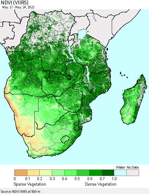 Southern Africa NDVI (VIIRS) Thematic Map For 5/17/2022 - 5/24/2022