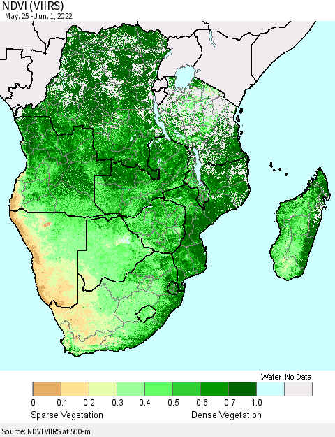 Southern Africa NDVI (VIIRS) Thematic Map For 5/25/2022 - 6/1/2022