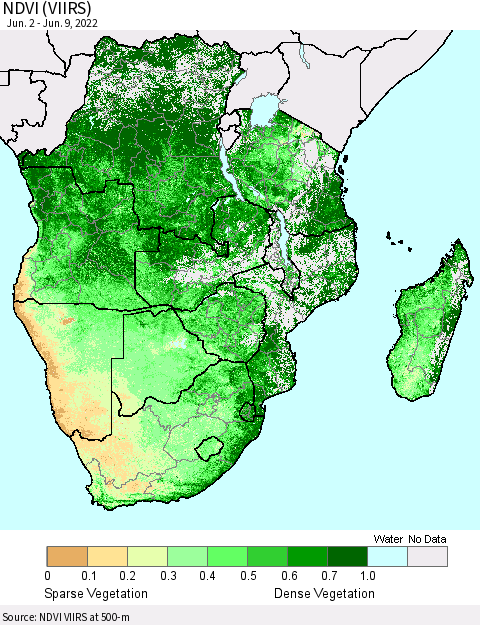 Southern Africa NDVI (VIIRS) Thematic Map For 6/2/2022 - 6/9/2022