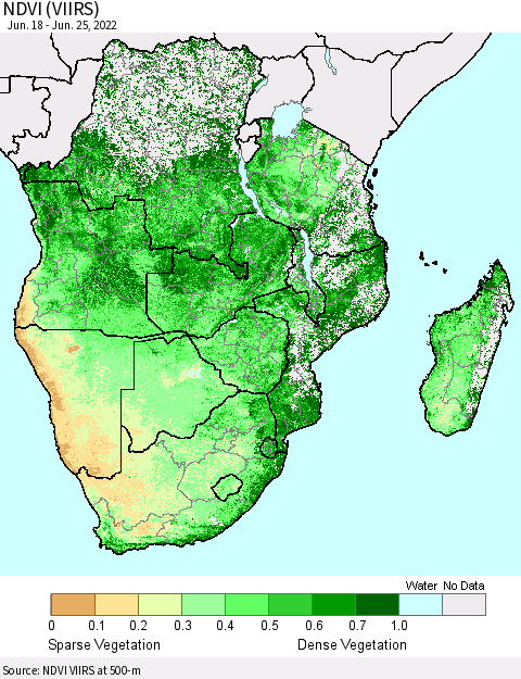 Southern Africa NDVI (VIIRS) Thematic Map For 6/18/2022 - 6/25/2022
