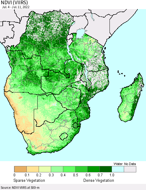 Southern Africa NDVI (VIIRS) Thematic Map For 7/4/2022 - 7/11/2022