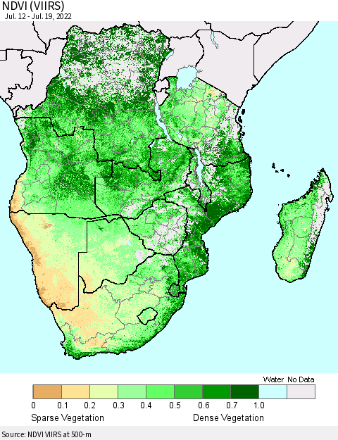 Southern Africa NDVI (VIIRS) Thematic Map For 7/12/2022 - 7/19/2022